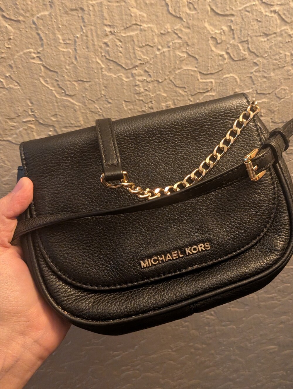 Michael Kors Black Leather Crossbody with Gold Chain Accent
